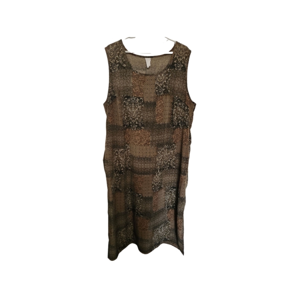 Maxi Day Dress Knee Length Brown Green Patchwork Sleeveless Women Plus Size 26